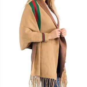 Tan Poncho with Green and Red Stripes